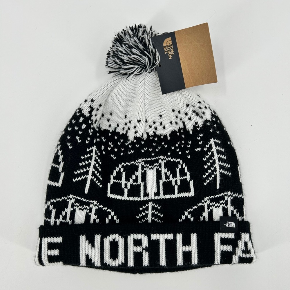 The North Face Fair Isle Beanie TNF Black White Pom Pom Knit Hat NF0A4SHYJK3